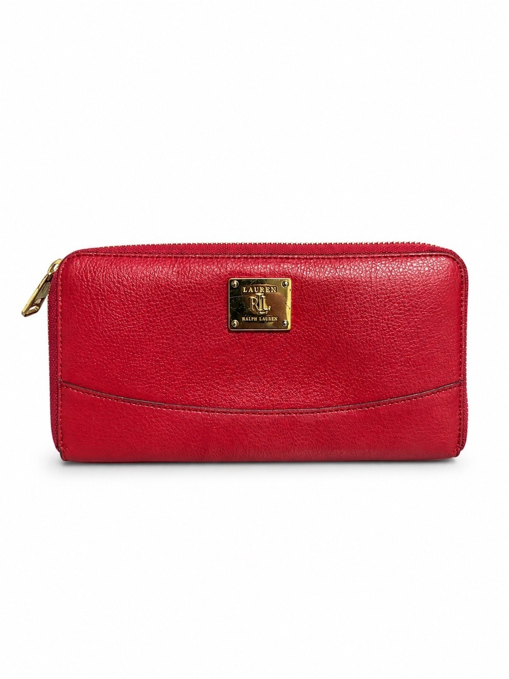 Lauren Ralph Lauren Red Pebbled Leather Zip Around Wallet Gold Hardware